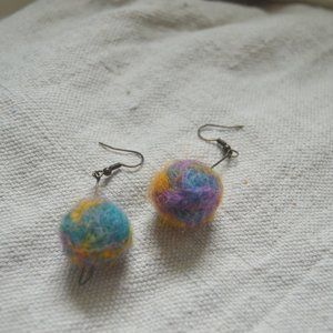 Felted multi-color hanging sphere shaped earrings